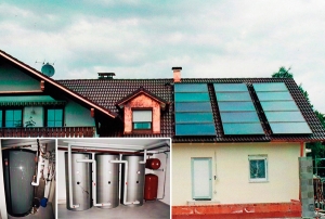 4-Familienhaus in Issing (Ammersee), Kollektor: Citrin Solar CS 100F, Kollektorfläche: 32m², Speicher: 1 OSKAR Schichtenspeicher mit 1.340 Litern, 3 Pufferspeicher mit 3.000 Litern, Speichervolumen: gesamt 4.340 Liter, Solardeckung: ca. 45 Prozent, Restheizung: Pelletskessel, Besonderheit: Diese Solaranlage wurde mit der doppelten Solarförderung (Innovationsbonus) gefördert. Der OSKAR Speicher fungiert als Führungsspeicher und verwaltet alle Wärmeströme. Bei Vollladung des OSKAR Speichers erfolgt die Auslagerung auf die 3 Pufferspeicher. Diese Wärme kann bei Bedarf wieder zurückgeladen werden.