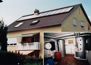 3-Familienhaus in Königsbrunn, Kollektor: CITRIN CS 100F, Kollektorfläche: 25m², Speicher: 2 Pufferspeicher in Reihenschaltung, Speichervolumen: 2.000 Liter, Solardeckung: ca. 35 Prozent, Restheizung: Ölbrennwertkessel, Besonderheit: Diese Solaranlage wurde mit der doppelten Solarförderung (Innovationsbonus) gefördert. Der Heizkreis wurde mit einer 2-stufigen Pufferentladung zur Erhöhung der Speicherausnutzung versehen. Das Ziel der Anlagenauslegung aus Ölbrennwert- und Solarheizung war eine Reduzierung des Ölverbrauchs auf die Hälfte von 6.000 Liter Öl.