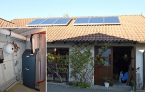 Einfamilienhaus in Königsbrunn, Kollektor: SOLVIS Cala - Aufdachmontage, Kollektorfläche: 16m², Speicher: SolvisMax Solarheizkessel, Speichervolumen: 1.000 Liter, Energieverbrauch vorher: 32.000 kWh Gas, Energieverbrauch nachher: 16.900 kWh Gas, Energieeinsparung: 47 Prozent, Restheizung: integrierter Gasbrennwertkessel, Besonderheit: Der Gasbrenner ist im Speicher platziert, dadurch im laufenden Betrieb immer Brennwertnutzen. Das Solarheizsystem ist mit einer solaren Start-Stopp-Regelung für den Gasbrenner ausgestattet.