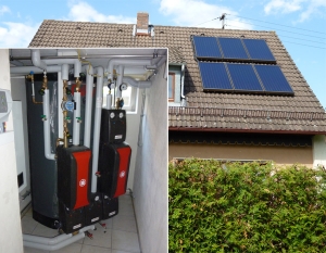 Einfamilienhaus in Bobingen, Kollektor: CITRIN CS 100 F, Kollektorfläche: 13m², Speicher: OSKAR Schichtenspeicher, Speichervolumen: 750 Liter, Solardeckung: ca. 30 Prozent, Restheizung: Gasbrennwertkessel, Besonderheit: Die Warmwasserbereitung erfolgt mit einer Frischwasserstation.