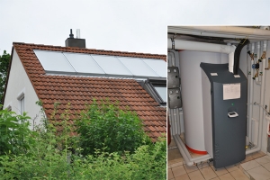 Einfamilienhaus in Schwabmünchen, Kollektor: SOLVIS Cala - Indachmontage, Kollektorfläche: 13m², Speicher: SolvisMax Solarheizkessel, Speichervolumen: 750 Liter, Energieverbrauch vorher: 22.000 kWh Gas, Energieverbrauch nachher: 13.200 kWh Gas, Energieeinsparung: 35 Prozent, Restheizung: integrierter Gasbrennwertkessel, Besonderheit: Der Gasbrenner ist im Speicher platziert, dadurch im laufenden Betrieb immer Brennwertnutzen. Das Solarheizsystem ist mit einer solaren Start-Stopp-Regelung für den Gasbrenner ausgestattet.