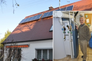 Einfamilienhaus in Großaitingen, Kollektor: SOLVIS FERA - Grossflächenkollektor, Kollektorfläche: 15m², Speicher: SolvisMax Solarheizkessel, Speichervolumen: 750 Liter, Energieverbrauch vorher: 35.000 kWh Öl, Energieverbrauch nachher: 21.800 kWh Öl, Energieeinsparung: 40 Prozent, Restheizung: integrierter Ölbrennwertkessel, Besonderheit: Der Ölbrenner ist im Speicher platziert, dadurch im laufenden Betrieb immer Brennwertnutzen. Das Solarheizsystem ist mit einer solaren Start-Stopp-Regelung für den Ölbrenner ausgestattet. Der Ölbrenner ist mit 2 Leistungsstufen mit 14kW und 23kW ausgestattet.