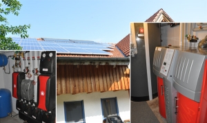 Einfamilienhaus in Schongau, Kollektor: VIESSMANN Röhrenkollektor, Kollektorfläche: 10m², Speicher: OSKAR Schichtenspeicher, Speichervolumen: 1.340 Liter, Solardeckung: ca. 20%, Restheizung: Pelletskessel + Kaminofen, Besonderheit: Der Kaminofen ist mit einer Wassertasche ausgeführt. Das Regelsystem gibt immer zuerst der Solaranlage Vorrang. Danach wird der Kaminofen bedient. Erst wenn die Solaranlage und der Kaminofen keine Energie mehr liefert, wird der Pelletskessel zur Restwärmebereitung angefordert.